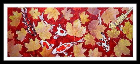 Yellow Leaves and Colored Koi Fish in Red Bottom Pool.