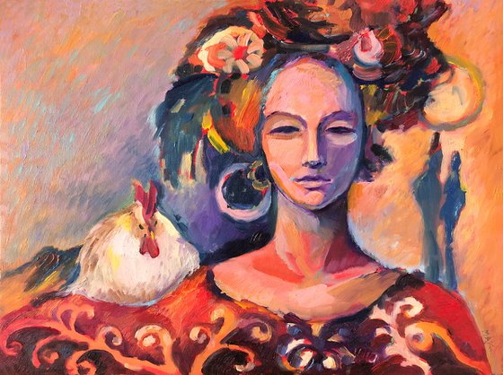 SUNRISE - woman portrait oil painting with a rooster dream pink red yellow light present for her home décor