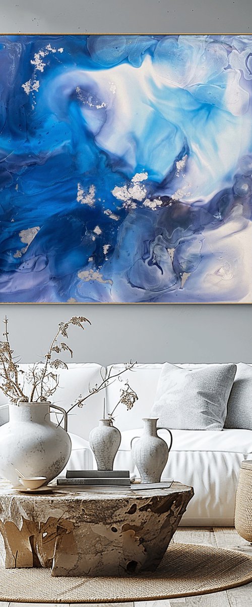 Silver Blue Large Abstract by Mily Art