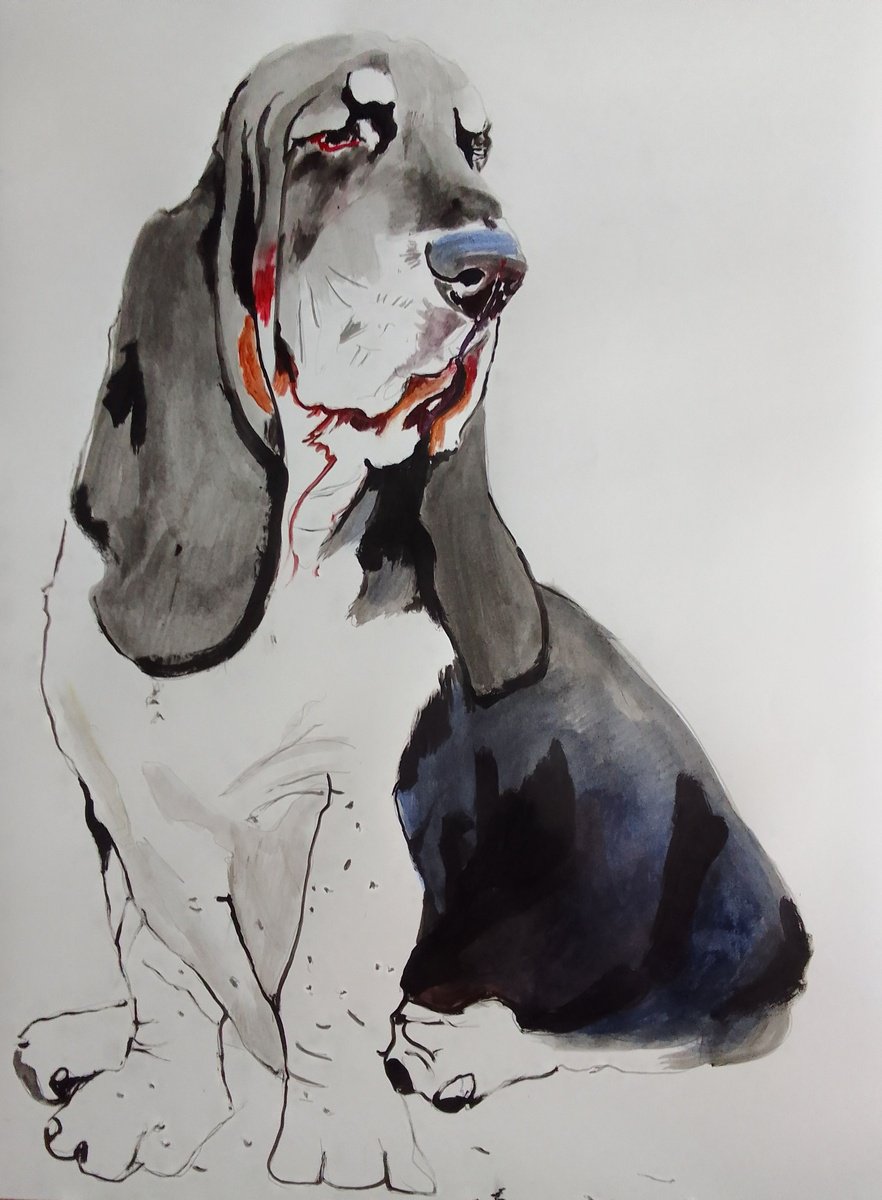 Photorealistic Animal Acrylic Painting By Soso Kumsiashvili, 24 X 33", Basset Hound, Original Artwork