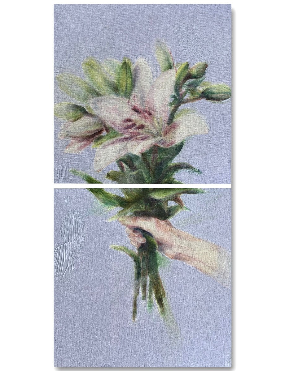 Expressive Botanical Painting By Alina Lobanova, 10 X 20, White Lilies, Original Artwork