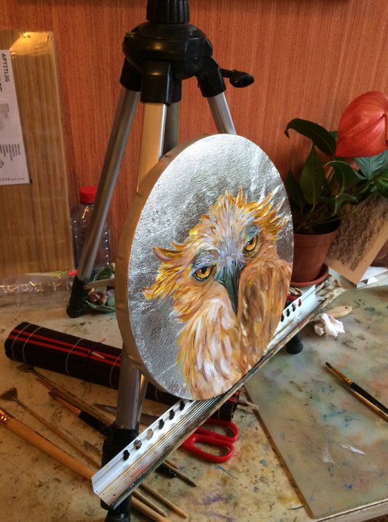 Bird original oil painting - Eagle-owl funny portrait - Silver leaf art - Round canvas wall art - Gift idea for him