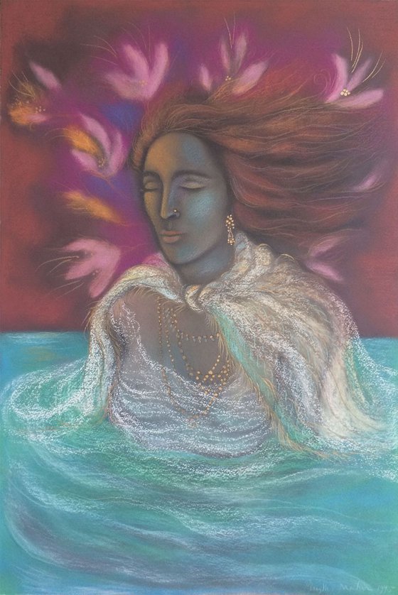 Woman, in turquoise water, with gold and flowers