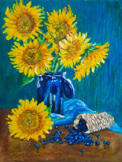 Still life Sunflowers and Blueberries... /  ORIGINAL PAINTING by Salana Art Gallery