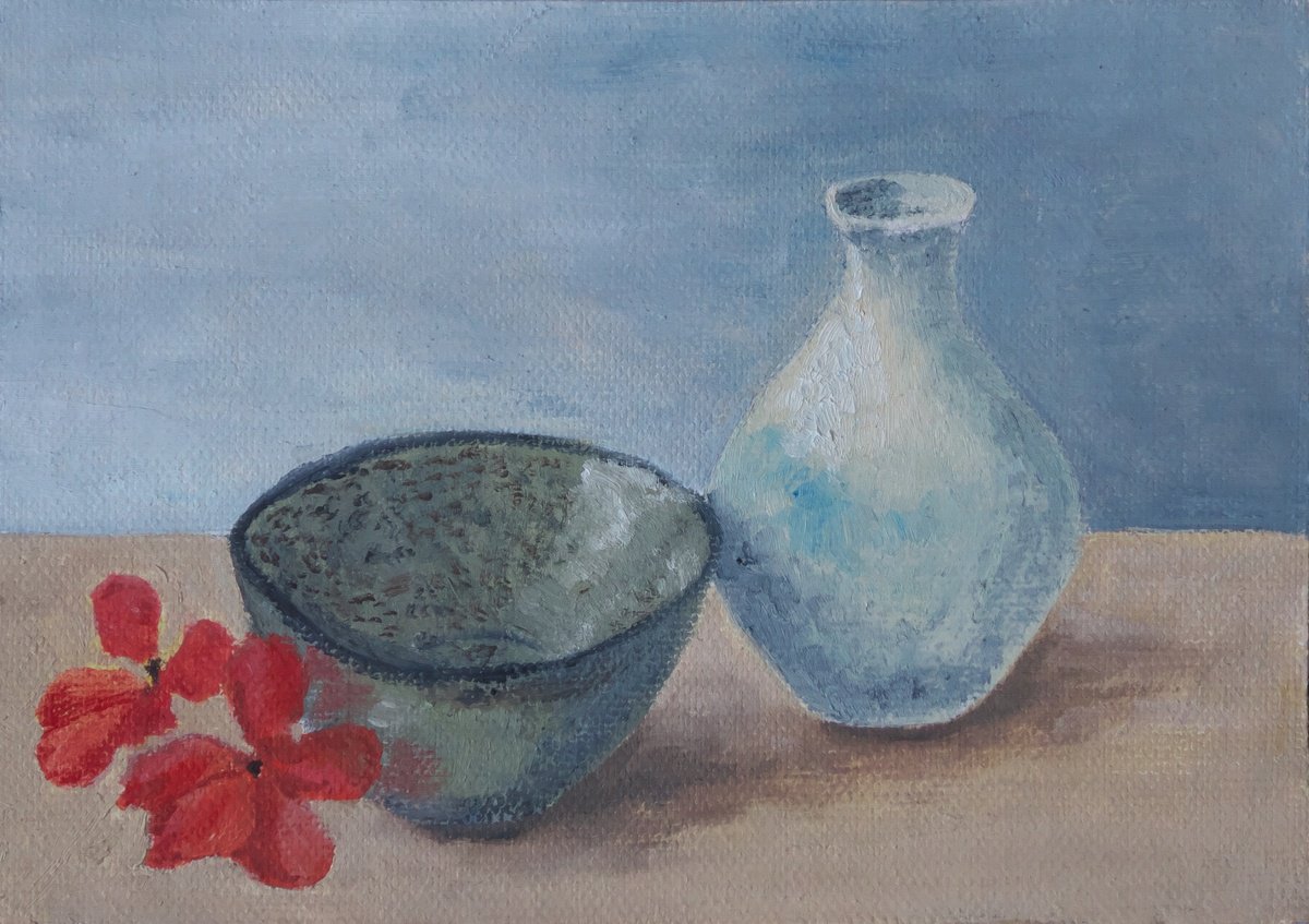 Impressionistic Still Life Oil Painting By Maddalena Pacini, 9 X 7", Pots And Geraniums, Original Artwork