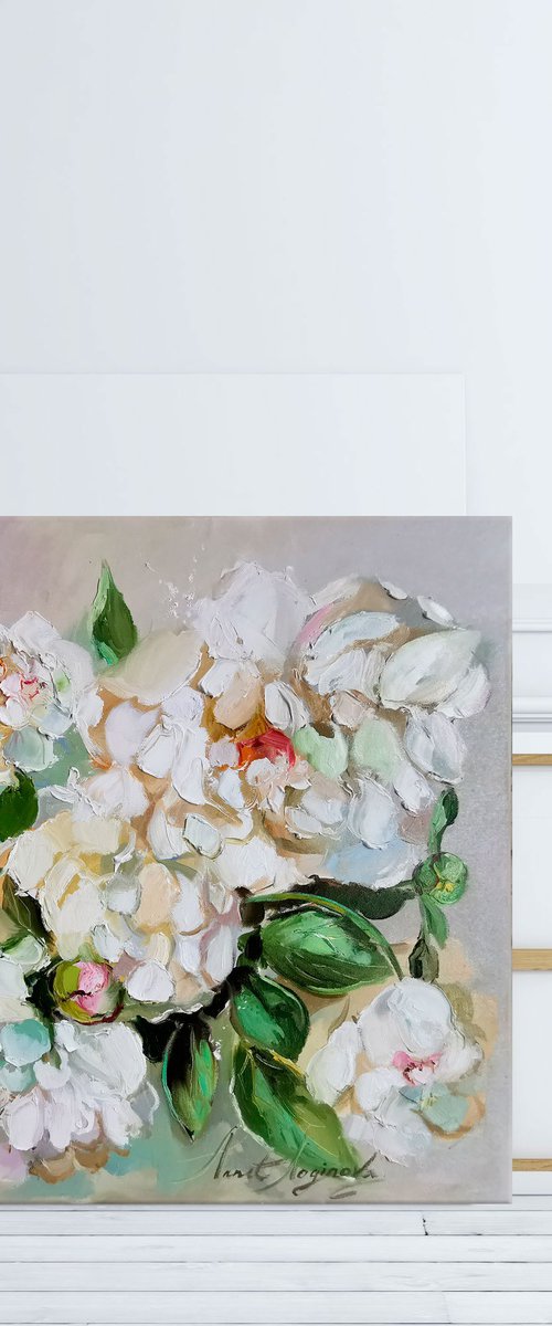 White peonies flowers painting on canvas, Textural white floral art by Annet Loginova