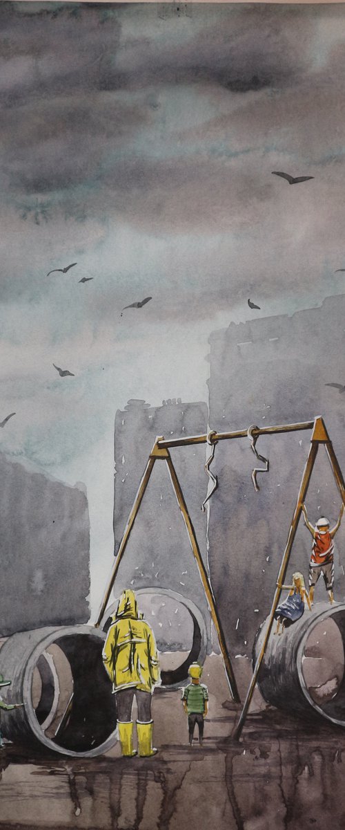 "Playground" 2021 Watercolor on paper 60x42 by Eugene Gorbachenko