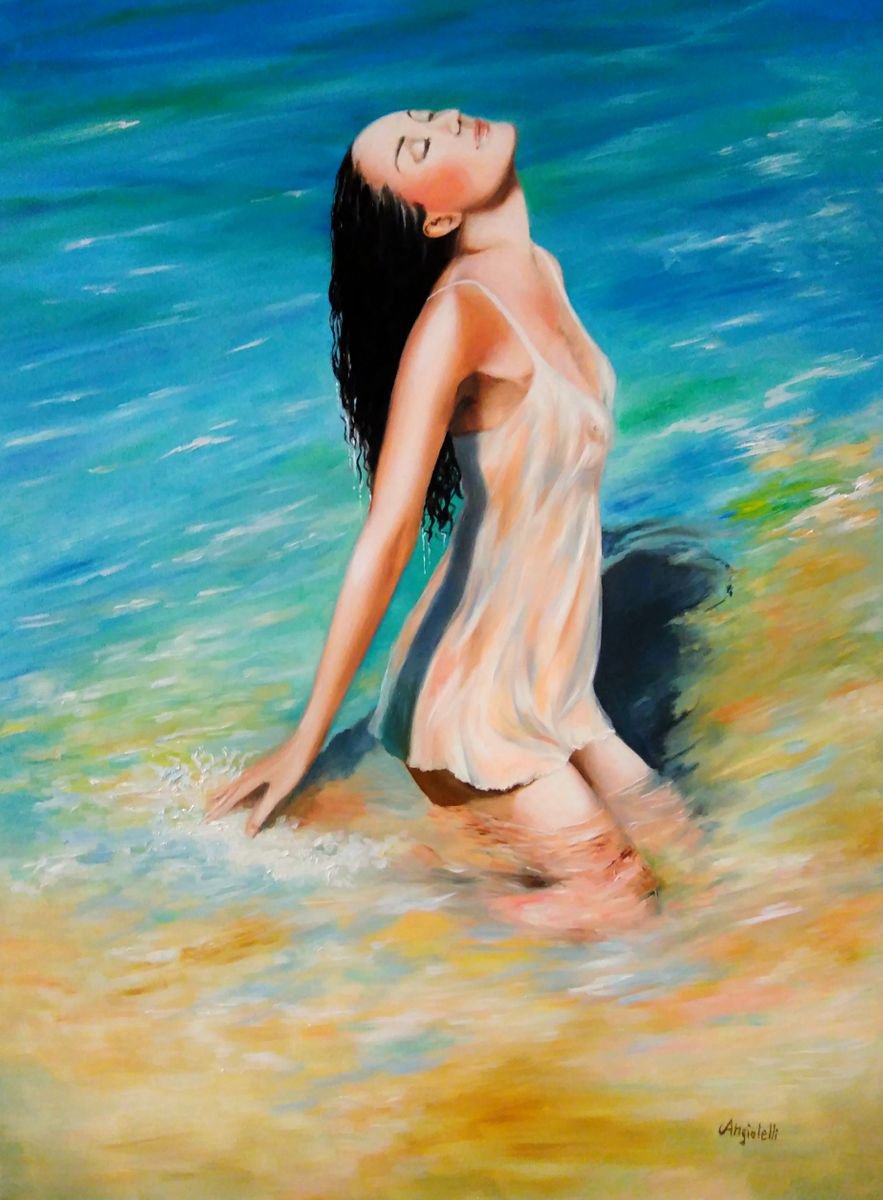 Photorealistic Portrait Oil Painting By Anna Rita Angiolelli, 20 X 28, Summer - Seascape - Portrait, Original Artwork