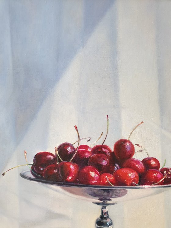 " Wonderful cherry  taste."  still life summer plant cherries red  liGHt original painting  GIFT (2020))