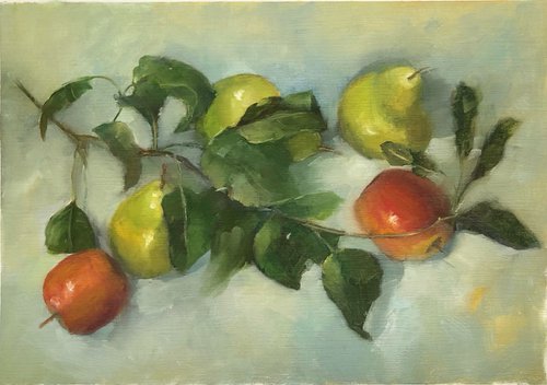 Red Apples, Pears & a Sprig of Leaves by Margie Haslewood