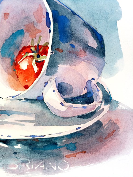 "Still life with a cup and tomatoes" watercolor food illustration