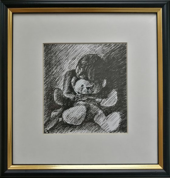 GIRL WITH A BEAR - drawing on paper, original gift, home decor, wall art