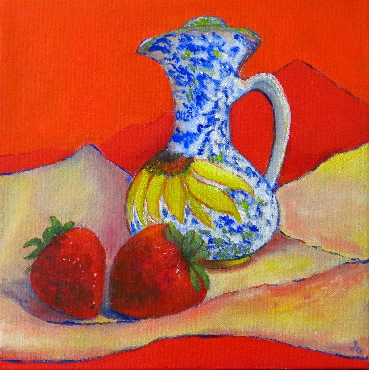 Impressionistic Still Life Oil Painting By Maureen Greenwood, 12 X 12", Strawberries And Jug, Original Artwork
