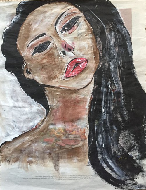 Lushes Acrylic on Newspaper Face Art Woman Portrait Red Lips 37x29cm Gift Ideas Original Art Modern Art Contemporary Painting Abstract Art For Sale Free Shipping by Kumi Muttu