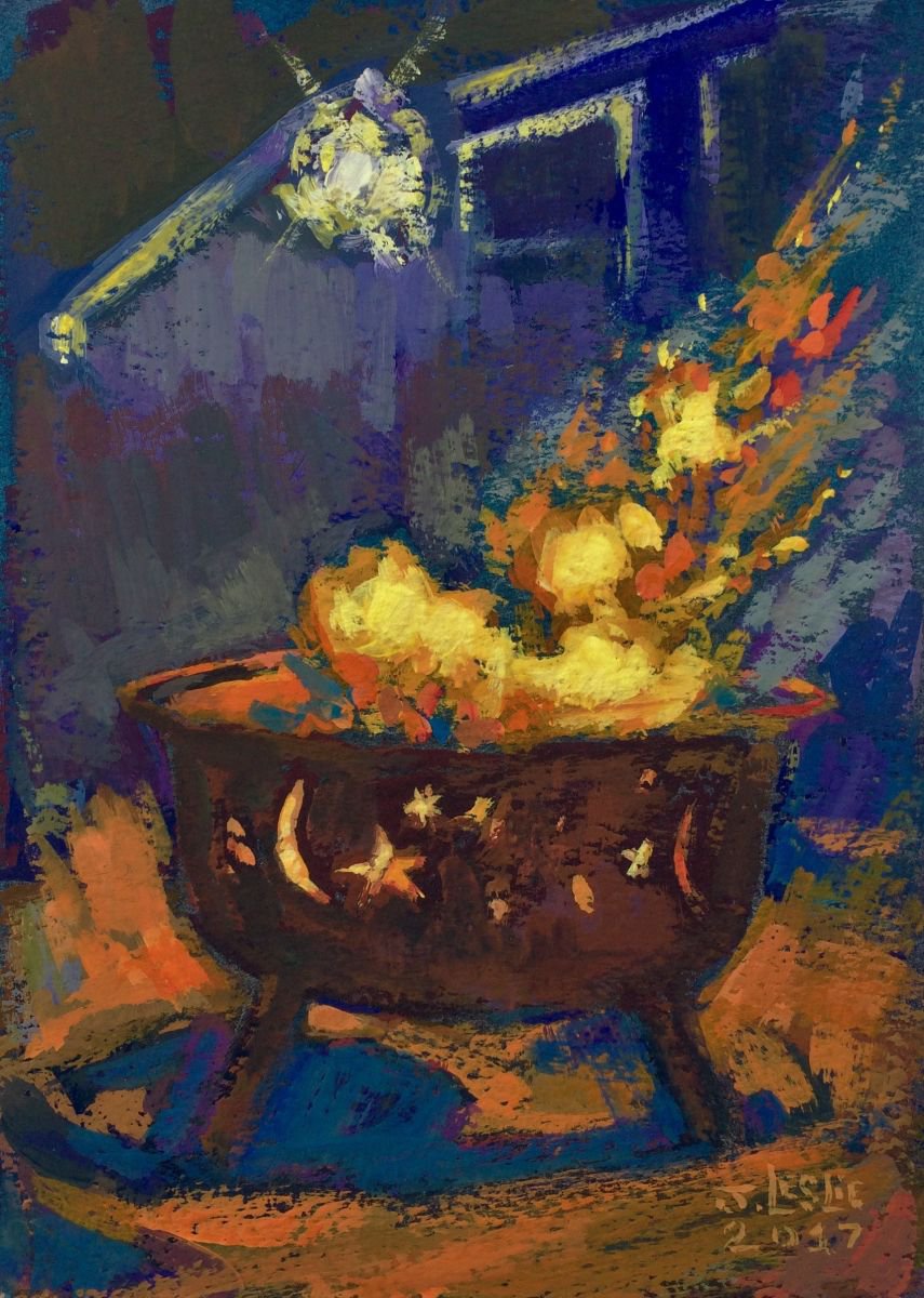 Painting , Backyard Fire Pit By Jimmy Leslie, 5 X 7, Artwork For Sale On Artfinder
