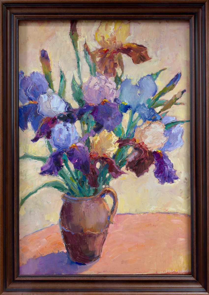 Impressionistic Botanical Oil Painting By Olha Laptieva, 22 X 31", Irises In The Morning Light, Original Artwork