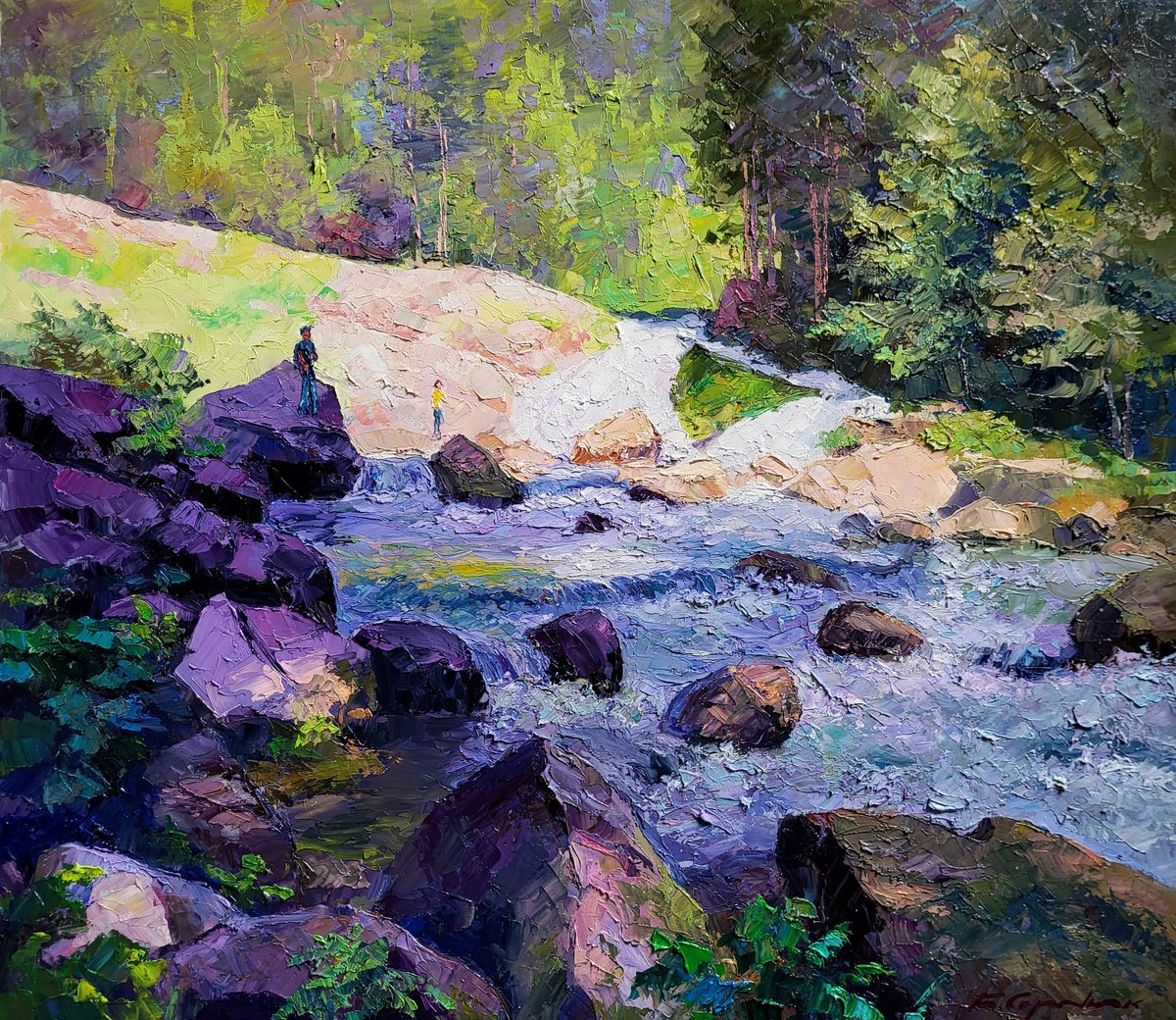 Impressionistic Landscape Oil Painting By Boris Serdyuk, 31 X 28, Kamianetsky Waterfall, Original Artwork
