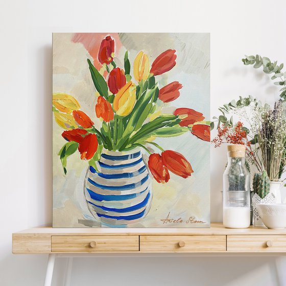Striped Vase with Tulips