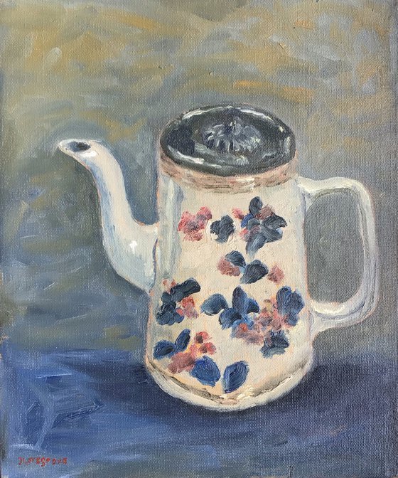 An antique jug with pewter lid. An original oil painting
