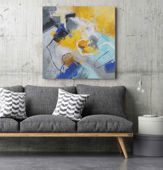 "Warm and cold" Abstrac yellow blue teal art