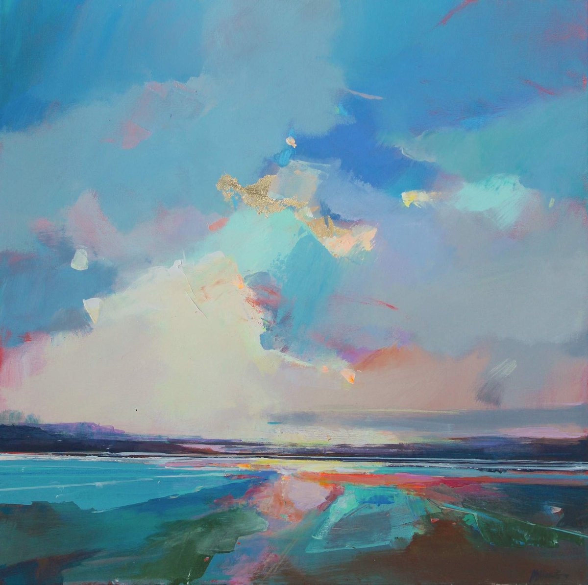 Abstract Landscape Acrylic Painting By Magdalena Morey, 28 X 28", Watching The Quiet Shore 2, Original Artwork