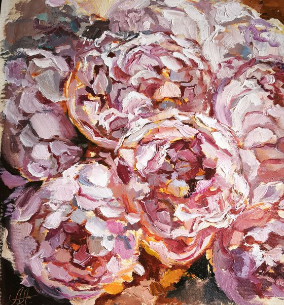 Peonies painting, miniature