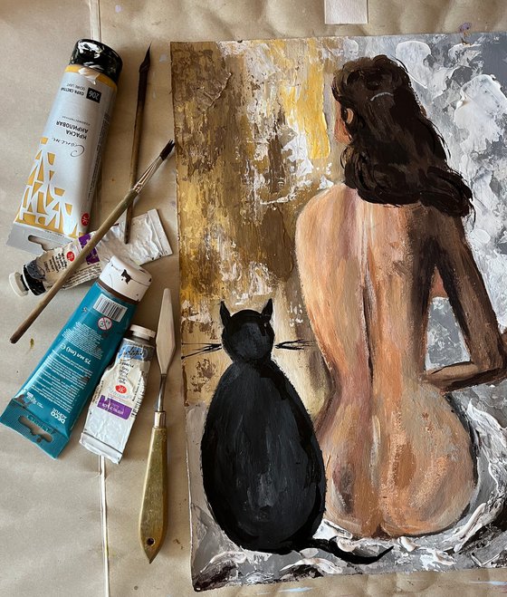 Nude Painting Woman Original Art Black Cat Acrylic Impasto Artwork Dali Home Wall Art 12 by 17" by Halyna Kirichenko