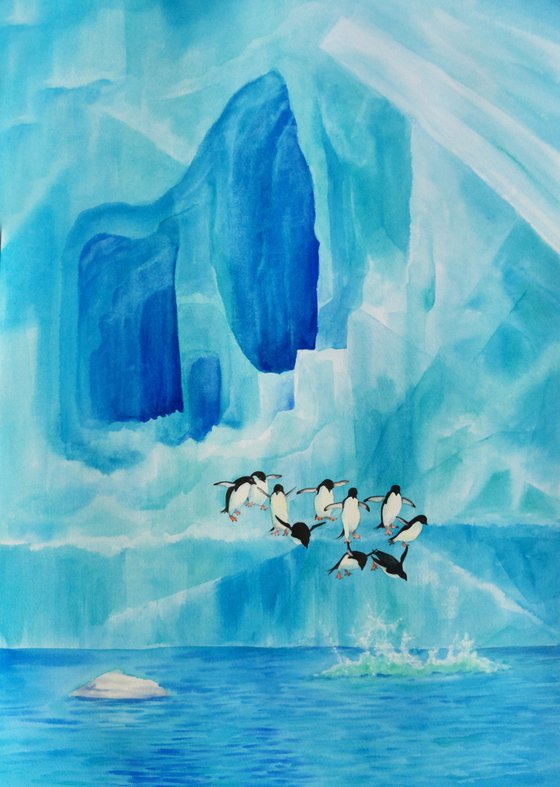 Penguins jumping off an iceberg - adelie penguins -  emperor - Antarctica - penguin - ocean - South Pole