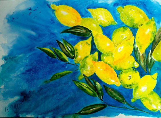 "Lemons "50*36cm\20*14"\watercolor lemons on branch\watercolor blue and yellow