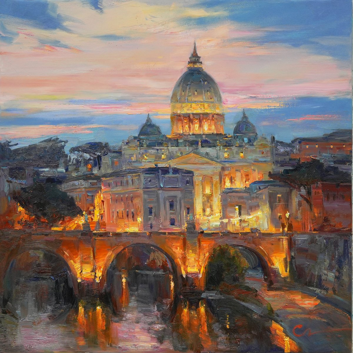 Impressionistic Cityscapes Oil Painting By Serhii Cherniakovskyi, 31 X 31", St. Angelo Bridge In Rome, Original Artwork