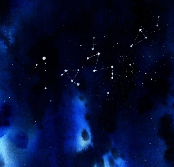 "Depth of Space" abstract dark blue watercolour with white dots constellations