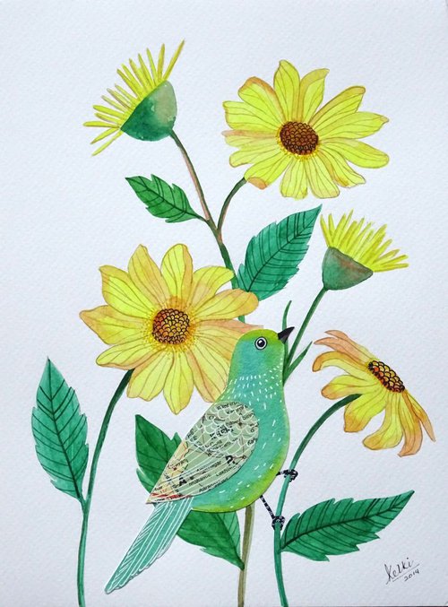 Yellow Flower and Green Bird by Ketki Fadnis