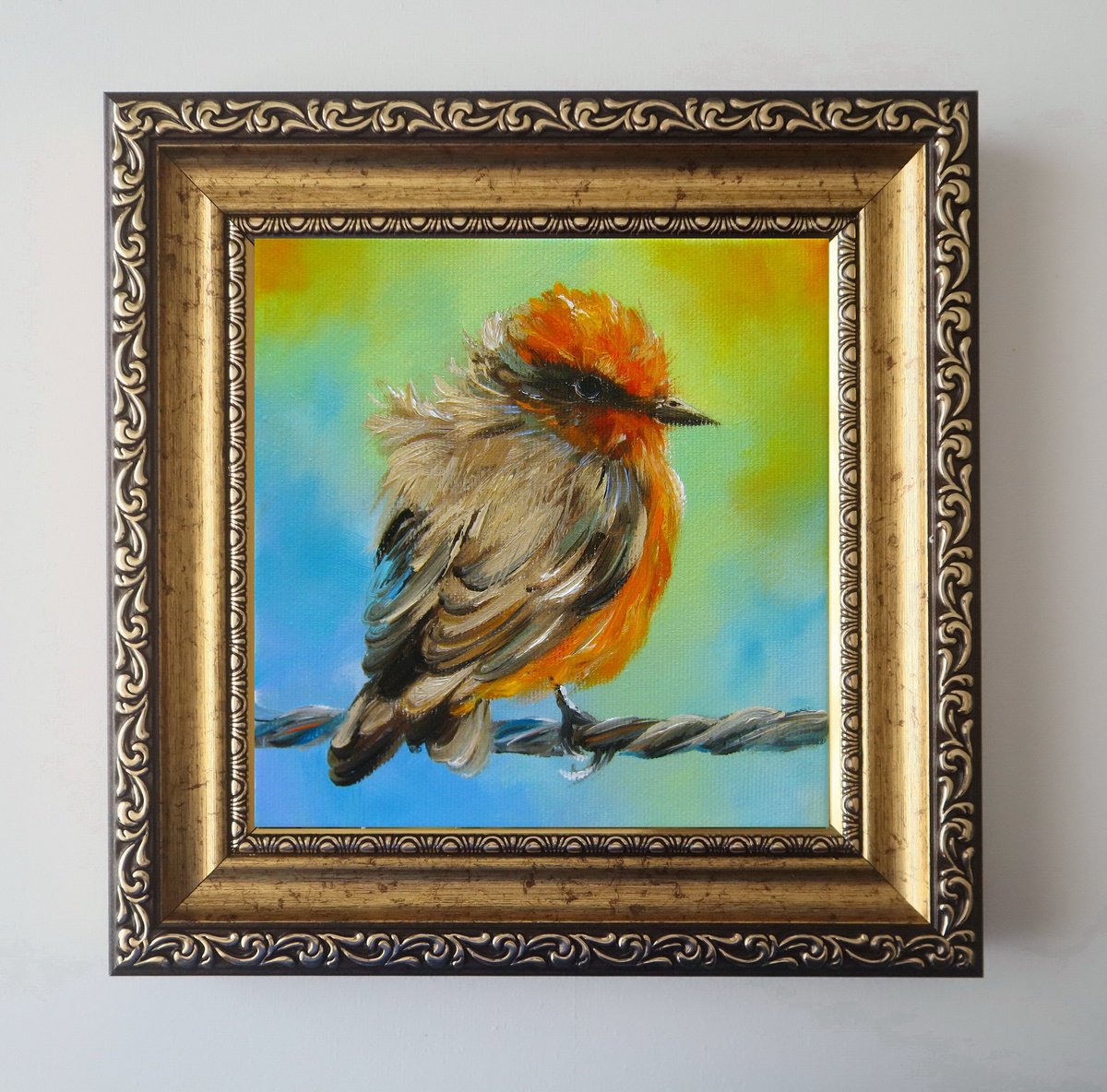 Photorealistic Animal Oil Painting By Natalia Shaykina, 8 X 8", Red Bird On A Colorful Wire, Original Artwork