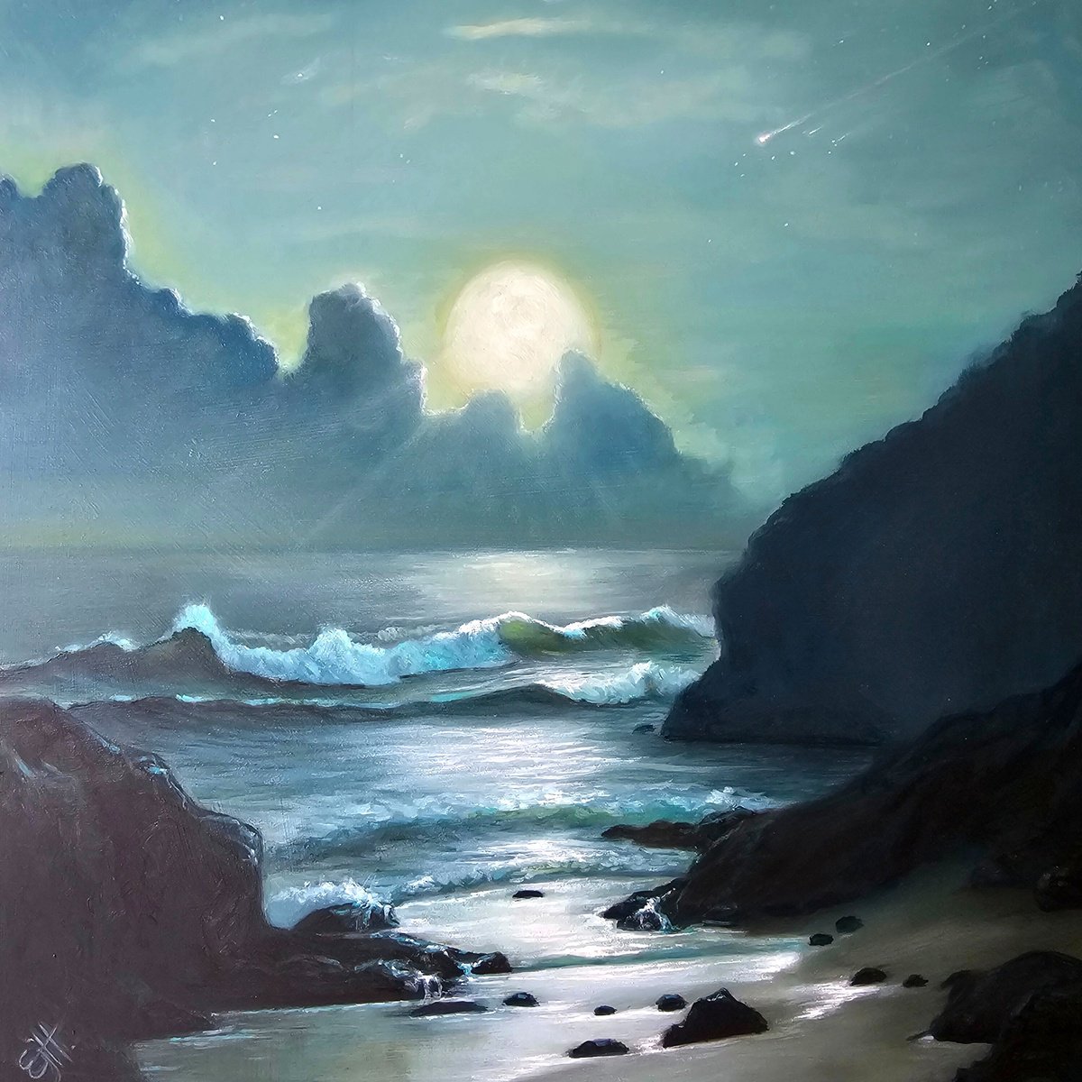 Photorealistic Oil Painting , La Luna, Serene Seascape By Ellisa Hague, 12 X 12, Artwork For Sale On Artfinder
