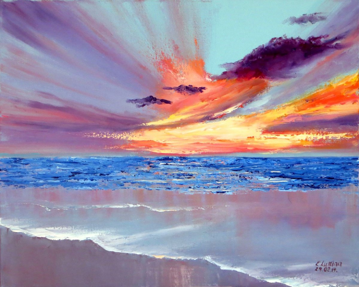 Ethereal Horizon: Flaming Sunset At Sea By Lumina Studio, 20 X 16, Artwork For Sale On Artfinder