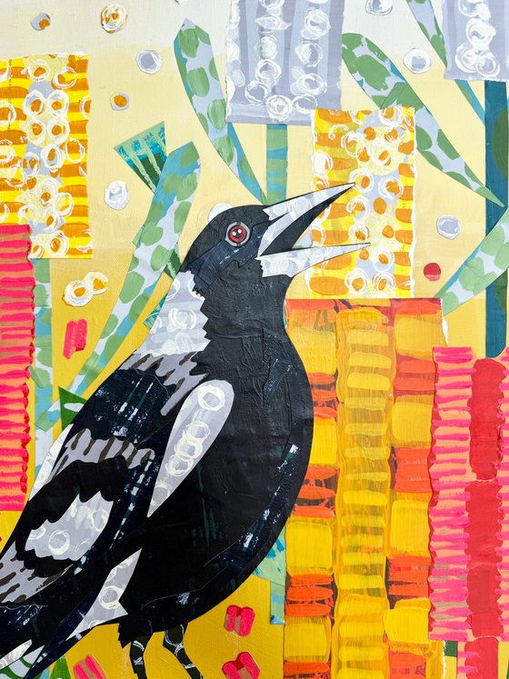 Magpie and Banksias Bird Collage Painting