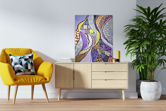 Colorful abstract painting. Purple lilac silver gold Oriental wall art