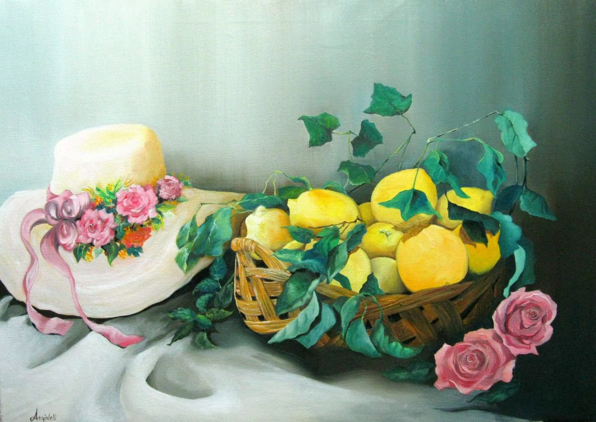 Photorealistic Still Life Oil Painting By Anna Rita Angiolelli, 28 X 20, Cheerful Lemons, Original Artwork