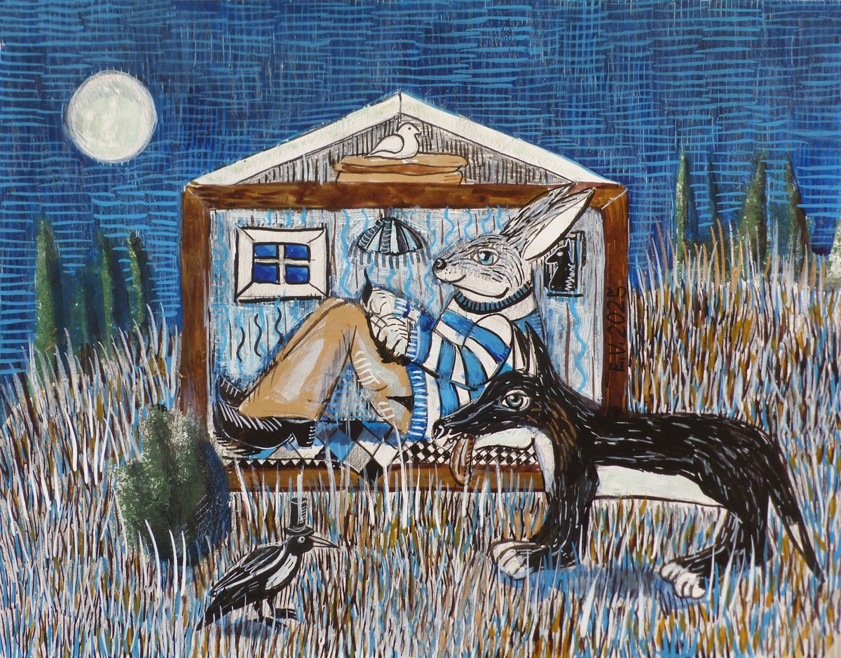 Naive Animal Painting By Elizabeth Vlasova, 14 X 11, Night Visitor, Original Artwork