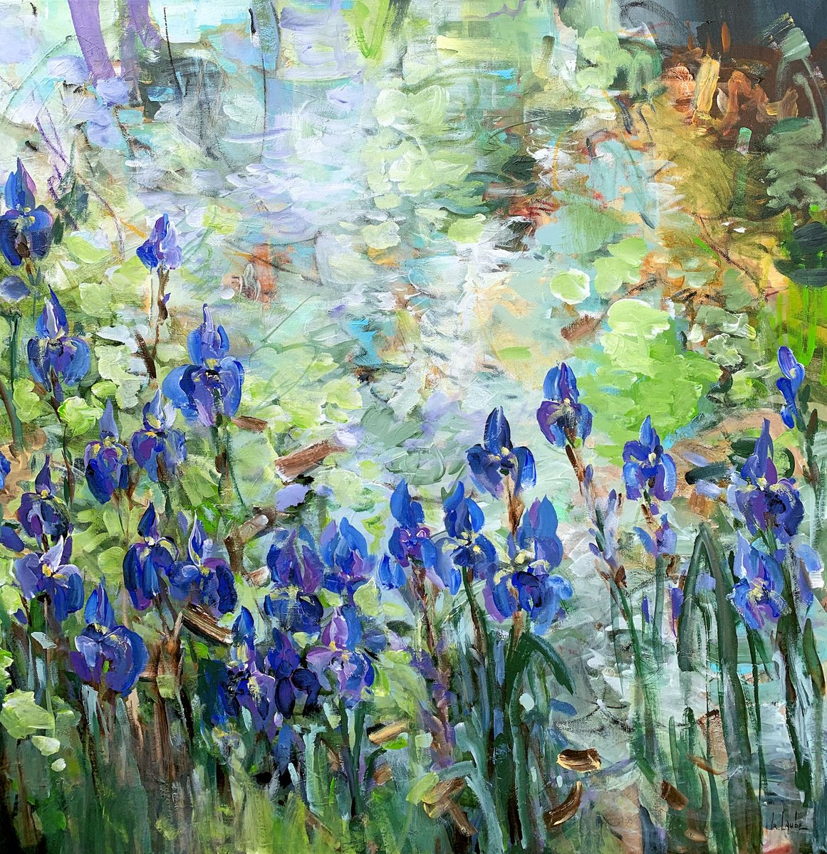 Abstract Botanical Painting By Irina Laube, 39 X 39, Blue Irises At The Pond, Original Artwork