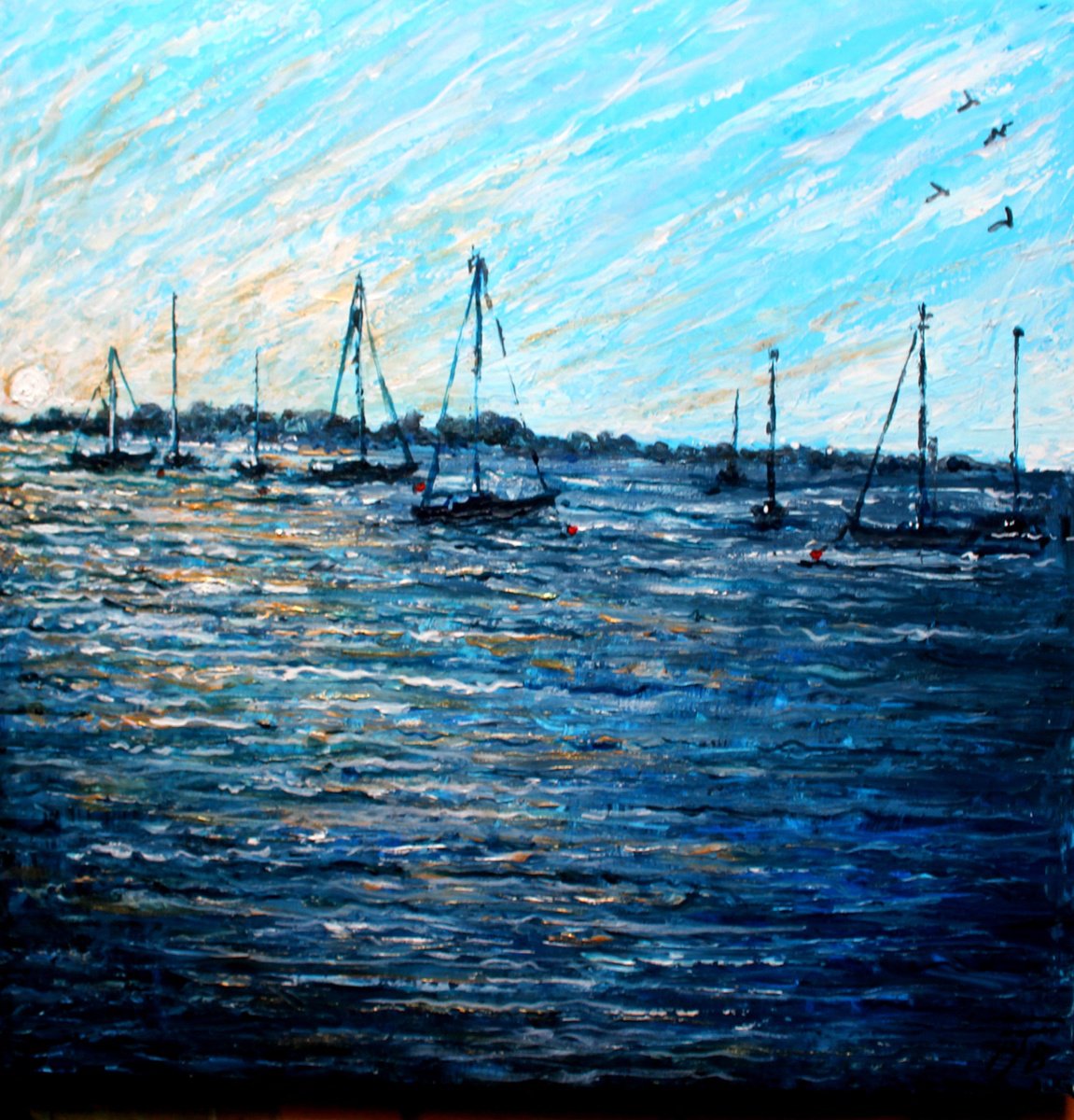 Impressionistic Landscape Painting By Paul J Best, 20 X 20", Hamble River Iii, Original Artwork
