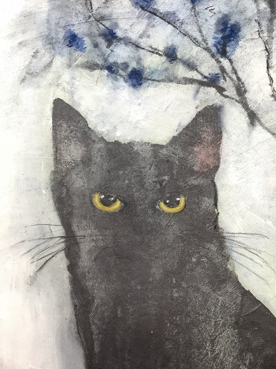 CHAT NOIR ET FLEURS BLEUS