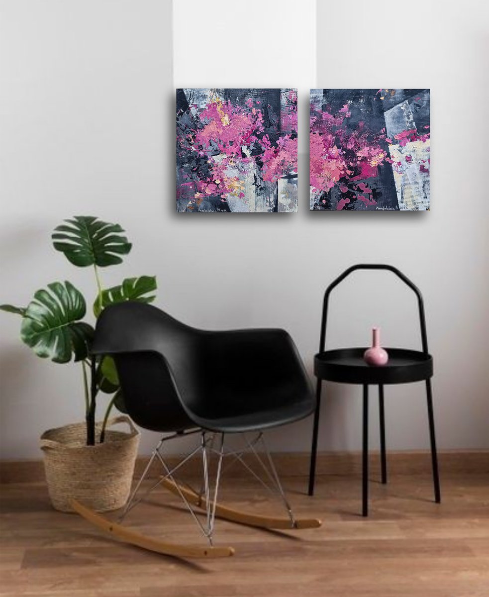 Abstract Oil Painting By Natalia Yampolskaia, 24 X 12", Pink Symphony Diptych, Original Artwork