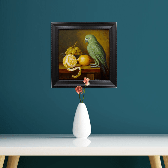 Peeled lemon with parrot