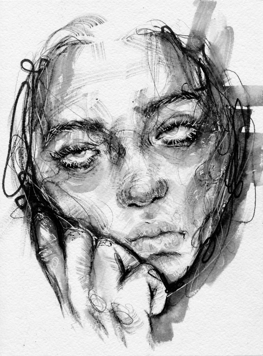 Expressive Portrait Ink Drawing By Doriana Popa, 7 X 9, Freeze, Original Artwork