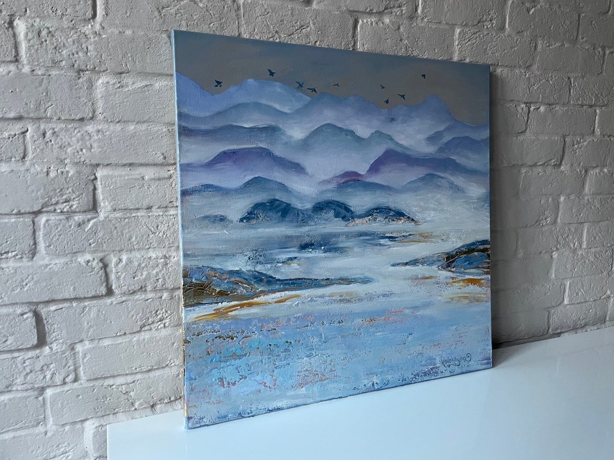 Abstract Landscape Oil Painting By Mary Voloshyna, 24 X 24", "Mountains In Blue". Original Oil Painting, Original Artwork