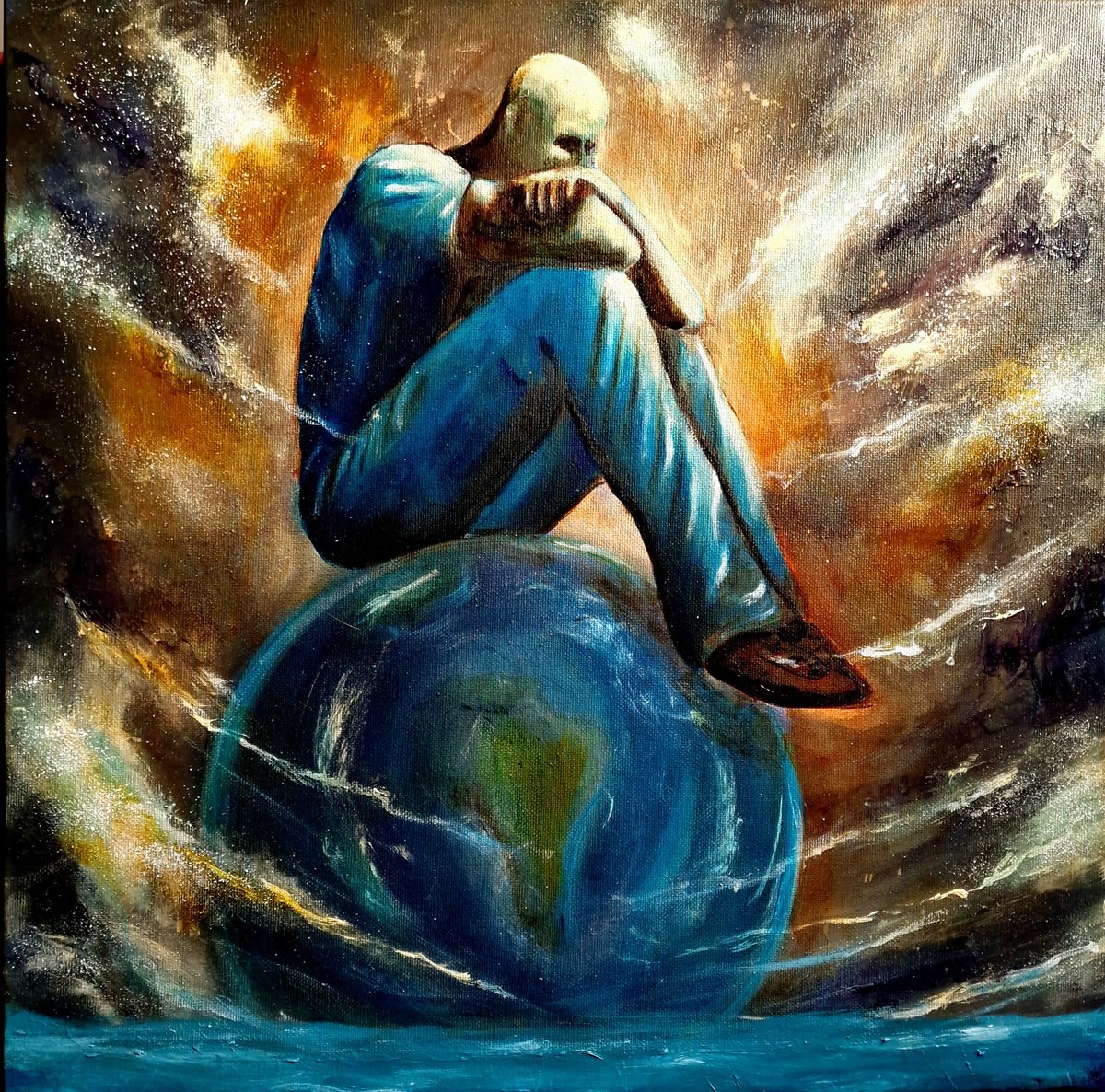 Surrealistic Portrait Acrylic Painting By Leezee Lee ( Georgiana L. Nicolae), 18 X 18", On Top Of The World, Original Artwork