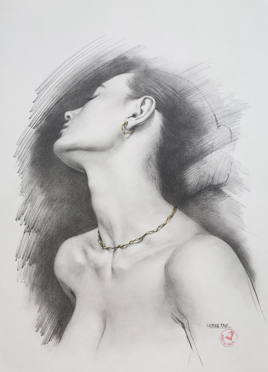 Illustrative Portrait Pencil Drawing By Hongtao Huang, 11 X 15, Portrait Of Lady#2510, Original Artwork