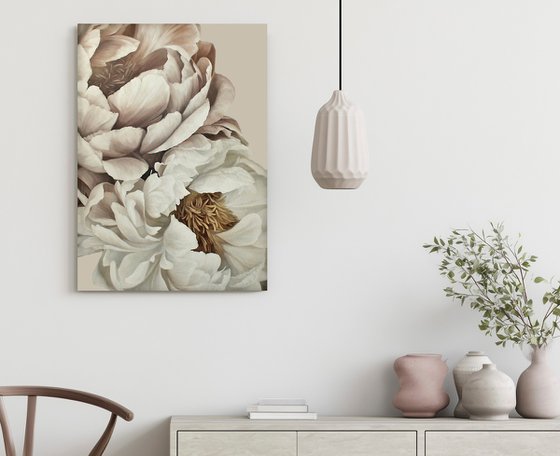 "Gray Silk Flowers 2" Gray white peony art