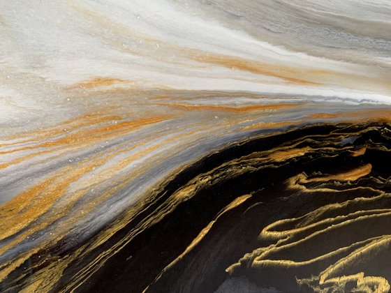 Dance Into Destiny - XL LARGE;  BLACK, WHITE & GOLD ABSTRACT ART;  RESIN CONTEMPORARY MODERN PAINTING. READY TO HANG!